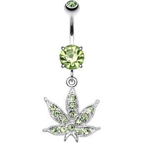 Pierced Owl 14GA Stainless Steel CZ Crystal Green Pot Leaf Dangling Belly Button Ring