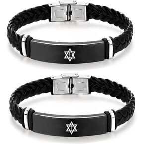 Star of David Cross Leather Bracelet for Men Women,Stainless Steel Braided Leather Cross Messianic Menorah Star of David Cuff Bracelets Bangle Amulet Jewelry Gift for Him Her