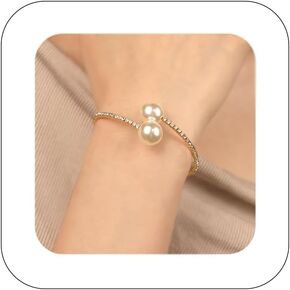 Glitter Crystal Rhinestone Cuff Bracelet Layered Pearl Adjustable Tennis Bangle Bracelet Bridal Jewelry Accessories for Women