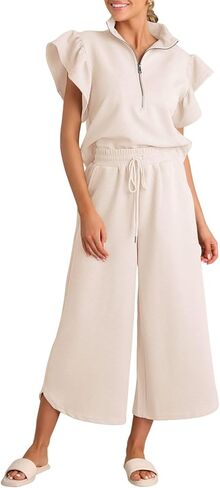 Tankaneo Womens 2 Piece Travel Outfits Dressy Ruffle Sleeve Half Zip Pullover Tops Wide Leg Capri Pants Matching Sets in Saudi Arabia