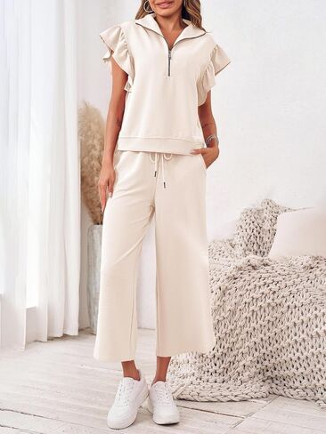 Tankaneo Womens 2 Piece Travel Outfits Dressy Ruffle Sleeve Half Zip Pullover Tops Wide Leg Capri Pants Matching Sets in Saudi Arabia