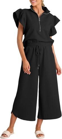 Tankaneo Womens 2 Piece Travel Outfits Dressy Ruffle Sleeve Half Zip Pullover Tops Wide Leg Capri Pants Matching Sets in Saudi Arabia