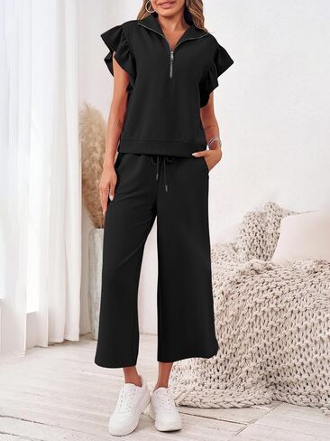 Tankaneo Womens 2 Piece Travel Outfits Dressy Ruffle Sleeve Half Zip Pullover Tops Wide Leg Capri Pants Matching Sets in Saudi Arabia