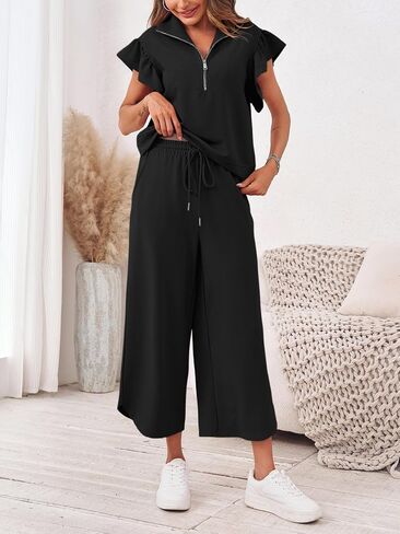 Tankaneo Womens 2 Piece Travel Outfits Dressy Ruffle Sleeve Half Zip Pullover Tops Wide Leg Capri Pants Matching Sets in Saudi Arabia