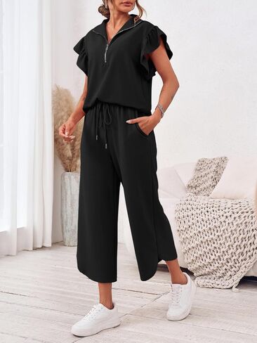 Tankaneo Womens 2 Piece Travel Outfits Dressy Ruffle Sleeve Half Zip Pullover Tops Wide Leg Capri Pants Matching Sets in Saudi Arabia