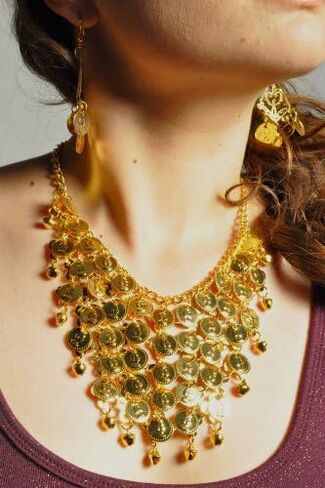 REINDEAR Vogue Style Chiffon Dangling Gold Coins Belly Dance Hip Scarf (3 Pcs Necklace & Earrings Set) in Saudi Arabia