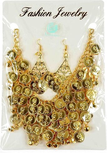 REINDEAR Vogue Style Chiffon Dangling Gold Coins Belly Dance Hip Scarf (3 Pcs Necklace & Earrings Set) in Saudi Arabia