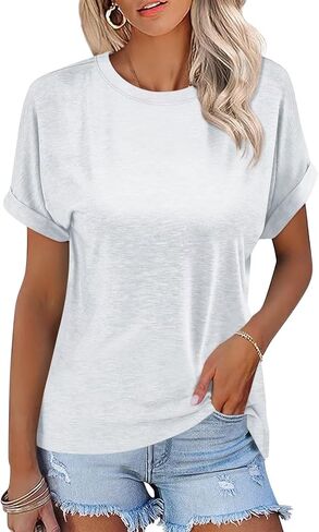 Women's T-Shirts Rolled Short Sleeve Shirts Crewneck Summer Tops Solid Loose Casual Tees Shirts in Kuwait