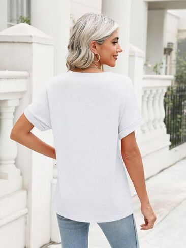Women's T-Shirts Rolled Short Sleeve Shirts Crewneck Summer Tops Solid Loose Casual Tees Shirts in Kuwait
