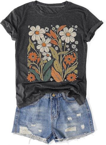 Womens Vintage Flowers T-Shirts Cute Floral Graphic Tees Wildflowers Cottagecore Tshirts Summer Casual Short Sleeve Tops in Kuwait