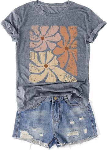Womens Vintage Flowers T-Shirts Cute Floral Graphic Tees Wildflowers Cottagecore Tshirts Summer Casual Short Sleeve Tops in Kuwait