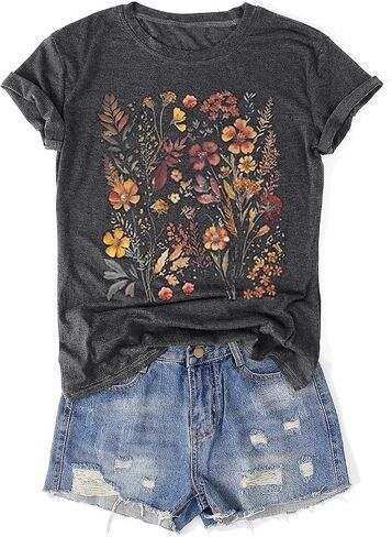 Womens Vintage Flowers T-Shirts Cute Floral Graphic Tees Wildflowers Cottagecore Tshirts Summer Casual Short Sleeve Tops in Kuwait