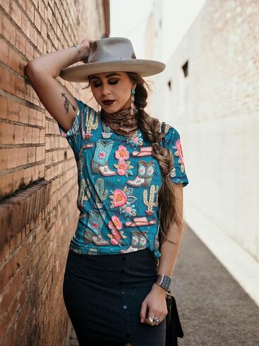 Boho Western Cowgirl Shirts for Women: Vintage Western Rodeo Graphic Tee Cowgirl 3D Digital Printing Short Sleeve Tops in Saudi Arabia
