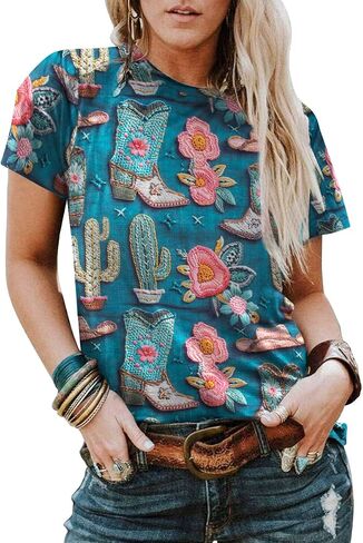 Boho Western Cowgirl Shirts for Women: Vintage Western Rodeo Graphic Tee Cowgirl 3D Digital Printing Short Sleeve Tops in Saudi Arabia