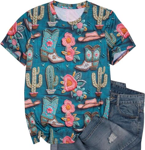 Boho Western Cowgirl Shirts for Women: Vintage Western Rodeo Graphic Tee Cowgirl 3D Digital Printing Short Sleeve Tops in Saudi Arabia