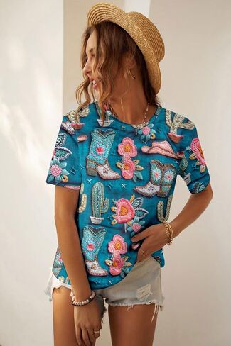 Boho Western Cowgirl Shirts for Women: Vintage Western Rodeo Graphic Tee Cowgirl 3D Digital Printing Short Sleeve Tops in Saudi Arabia