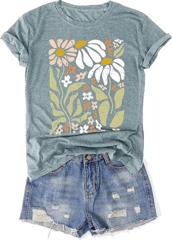 Womens Vintage Flowers T-Shirts Cute Floral Graphic Tees Wildflowers Cottagecore Tshirts Summer Casual Short Sleeve Tops in Kuwait
