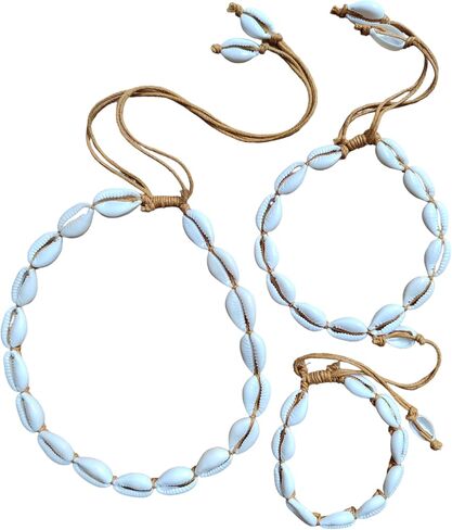3-piece Natural Cowrie Shell Set of Adjustable Handmade Boho Beach Aesthetic Necklace, Anklet, Bracelet for Teens, Men, Women in Saudi Arabia