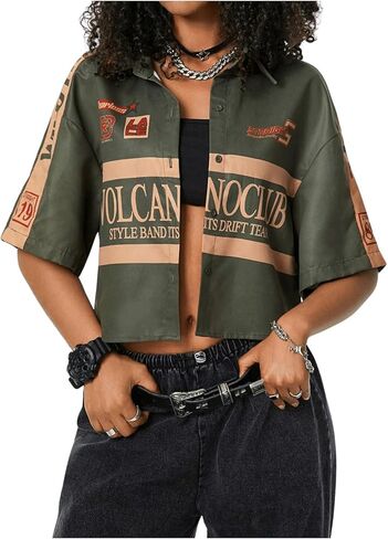 SOLY HUX Women's Summer Button Down Vintage Shirt Short Sleeve Graphic Crop Tops Motorcycle Blouse in Saudi Arabia