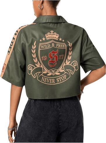 SOLY HUX Women's Summer Button Down Vintage Shirt Short Sleeve Graphic Crop Tops Motorcycle Blouse in Saudi Arabia