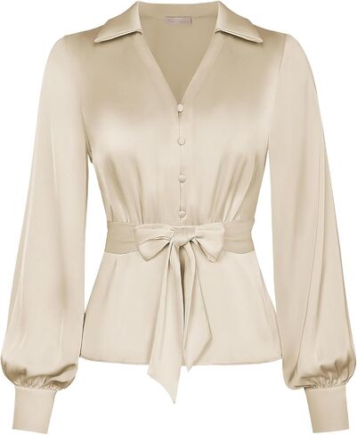Belle Poque Women's Satin Silk Blouse Lapel V Neck Long Sleeve Tops Tie Front Casual Work Tops Shirts in Saudi Arabia