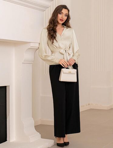 Belle Poque Women's Satin Silk Blouse Lapel V Neck Long Sleeve Tops Tie Front Casual Work Tops Shirts in Saudi Arabia