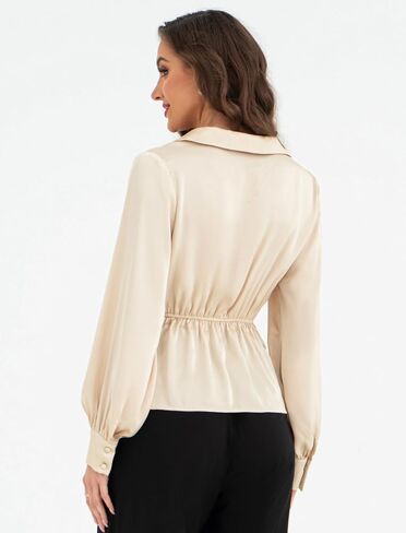 Belle Poque Women's Satin Silk Blouse Lapel V Neck Long Sleeve Tops Tie Front Casual Work Tops Shirts in Saudi Arabia