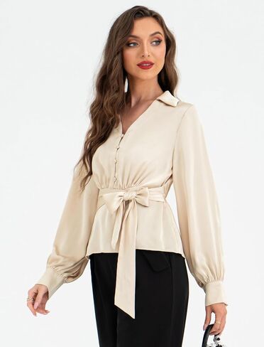 Belle Poque Women's Satin Silk Blouse Lapel V Neck Long Sleeve Tops Tie Front Casual Work Tops Shirts in Saudi Arabia