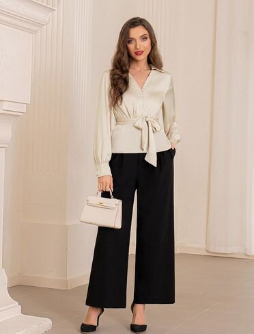 Belle Poque Women's Satin Silk Blouse Lapel V Neck Long Sleeve Tops Tie Front Casual Work Tops Shirts in Saudi Arabia