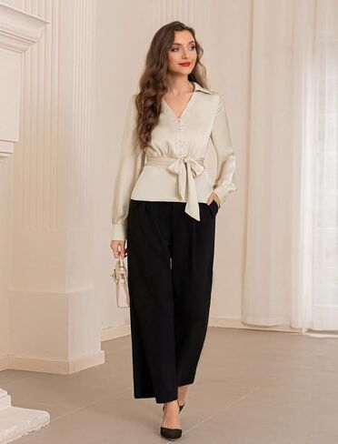 Belle Poque Women's Satin Silk Blouse Lapel V Neck Long Sleeve Tops Tie Front Casual Work Tops Shirts in Saudi Arabia