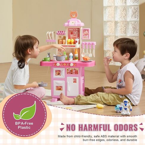 VEVOR Kids Kitchen Playset, Toddler Kitchen with Cooking Stove with Steam, Sounds and Lights, Play Kitchen Set with 48 PCS Cooking Accessory Set for Toddlers, Preschoolers, Children Ages 3-5, Pink in Saudi Arabia