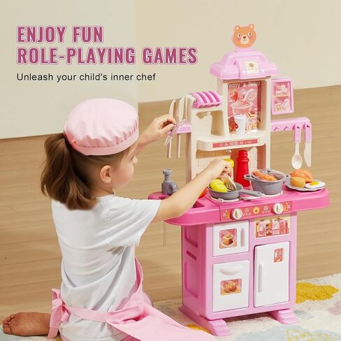 VEVOR Kids Kitchen Playset, Toddler Kitchen with Cooking Stove with Steam, Sounds and Lights, Play Kitchen Set with 48 PCS Cooking Accessory Set for Toddlers, Preschoolers, Children Ages 3-5, Pink in Saudi Arabia