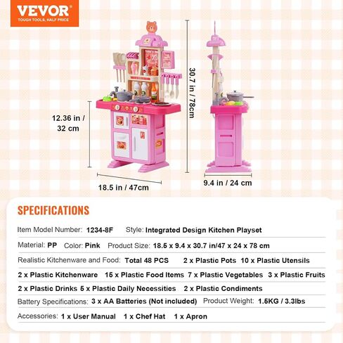 VEVOR Kids Kitchen Playset, Toddler Kitchen with Cooking Stove with Steam, Sounds and Lights, Play Kitchen Set with 48 PCS Cooking Accessory Set for Toddlers, Preschoolers, Children Ages 3-5, Pink in Saudi Arabia
