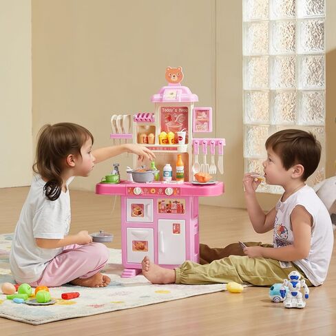 VEVOR Kids Kitchen Playset, Toddler Kitchen with Cooking Stove with Steam, Sounds and Lights, Play Kitchen Set with 48 PCS Cooking Accessory Set for Toddlers, Preschoolers, Children Ages 3-5, Pink in Saudi Arabia