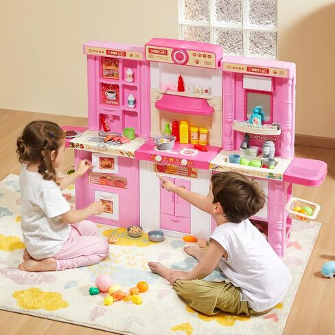 مجموعة ألعاب مطبخ VEVOR Kids، مطبخ للأطفال الصغار مع موقد للطهي بالبخار والأصوات والأضواء، مجموعة مطبخ للعب مع 48 قطعة من ملحقات الطبخ للأطفال الصغار ومرحلة ما قبل المدرسة والأطفال من سن 3 إلى 5 سنوات، وردي in Kuwait