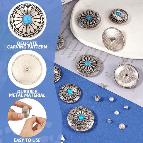 Beadthoven 16 Sets Turquoise Alloy Rivets Vintage Western Sunflower Decorative Buckles Tibetan Style Metal Screwback Buttons for DIY Leather Crafts Belt Purse Clothes Shoes Decorations in Saudi Arabia