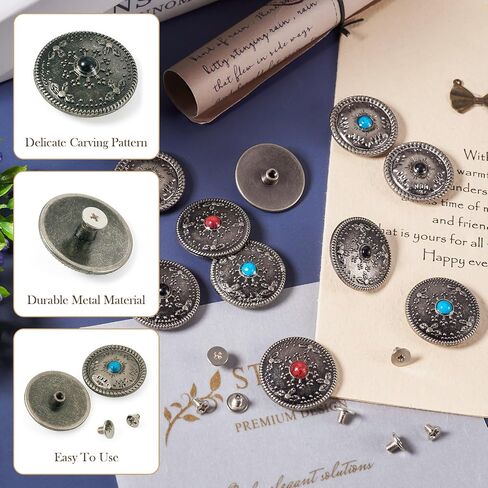 Beadthoven 12 مجموعة من المسامير الفيروزية الزرقاء العتيقة على الطراز الغربي Conchos أبازيم معدنية لولبية مسطحة مع نمط زهور للحرف الجلدية DIY وحزام ومحفظة الملابس والأحذية والزينة in Saudi Arabia