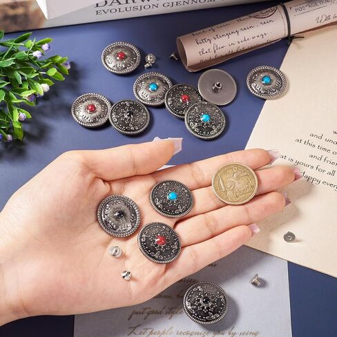 Beadthoven 12 مجموعة من المسامير الفيروزية الزرقاء العتيقة على الطراز الغربي Conchos أبازيم معدنية لولبية مسطحة مع نمط زهور للحرف الجلدية DIY وحزام ومحفظة الملابس والأحذية والزينة in Saudi Arabia