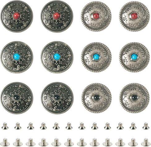 Beadthoven 12 مجموعة من المسامير الفيروزية الزرقاء العتيقة على الطراز الغربي Conchos أبازيم معدنية لولبية مسطحة مع نمط زهور للحرف الجلدية DIY وحزام ومحفظة الملابس والأحذية والزينة in Saudi Arabia