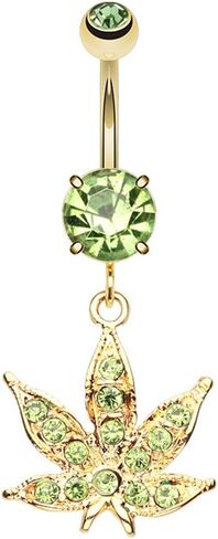 Pierced Owl 14GA Stainless Steel CZ Crystal Green Pot Leaf Dangling Belly Button Ring in Saudi Arabia