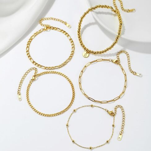 5PCS Gold Bracelets for Women, 18K Gold Plated Dainty Bracelets Set, Initial Charm Bracelets, Adjustable Layered Figaro & Bead Chain Gift for Women in Saudi Arabia