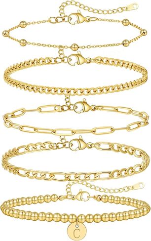 5PCS Gold Bracelets for Women, 18K Gold Plated Dainty Bracelets Set, Initial Charm Bracelets, Adjustable Layered Figaro & Bead Chain Gift for Women in Saudi Arabia