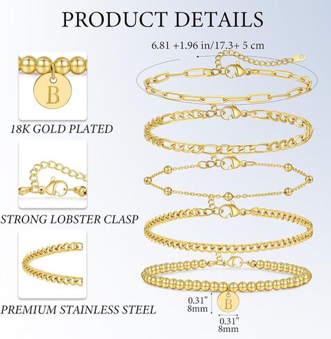 5PCS Gold Bracelets for Women, 18K Gold Plated Dainty Bracelets Set, Initial Charm Bracelets, Adjustable Layered Figaro & Bead Chain Gift for Women in Saudi Arabia