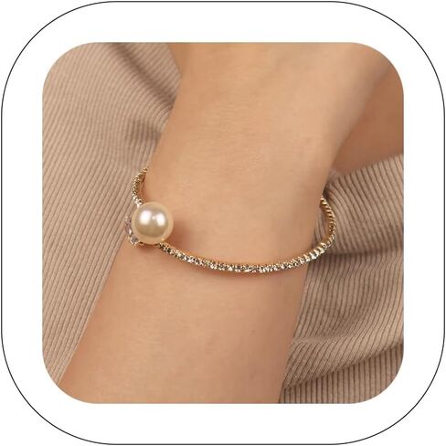 Glitter Crystal Rhinestone Cuff Bracelet Layered Pearl Adjustable Tennis Bangle Bracelet Bridal Jewelry Accessories for Women in Kuwait