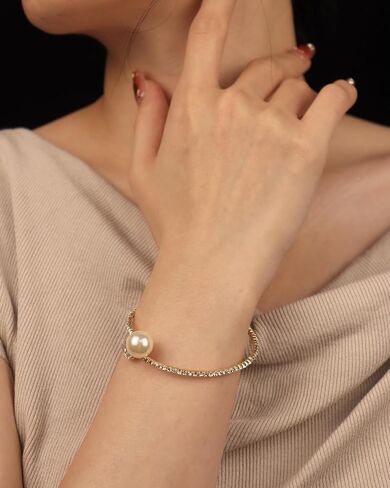 Glitter Crystal Rhinestone Cuff Bracelet Layered Pearl Adjustable Tennis Bangle Bracelet Bridal Jewelry Accessories for Women in Kuwait