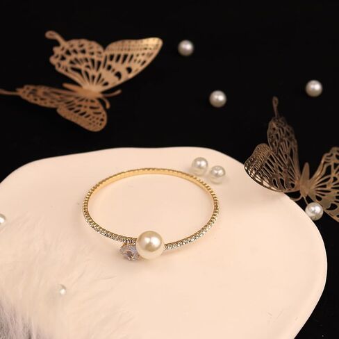 Glitter Crystal Rhinestone Cuff Bracelet Layered Pearl Adjustable Tennis Bangle Bracelet Bridal Jewelry Accessories for Women in Kuwait