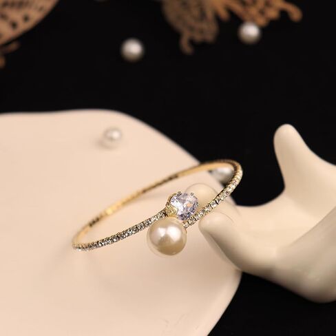 Glitter Crystal Rhinestone Cuff Bracelet Layered Pearl Adjustable Tennis Bangle Bracelet Bridal Jewelry Accessories for Women in Kuwait