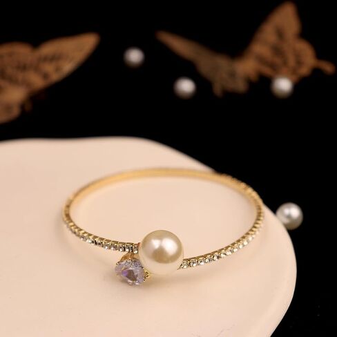 Glitter Crystal Rhinestone Cuff Bracelet Layered Pearl Adjustable Tennis Bangle Bracelet Bridal Jewelry Accessories for Women in Kuwait