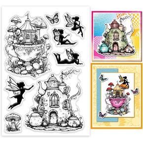 GLOBLELAND Teapot Cup House Clear Stamps Fairy Mushroom Silicone Clear Stamp Seals Transparent Stamps for DIY Scrapbooking Cards Making Photo Album Journal