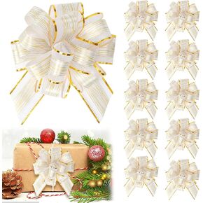 10 PCS Large Gift Wrap Bow, White Gold Pull Bow for Christmas Gift Box, Gift Baskets, Party Decor